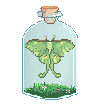 A pixel art GIF of a luna moth in a jar filled with grass.